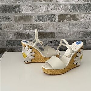 Kate Spade White Leather Woven Ankle Strap Floral Wedges Size 7.5M